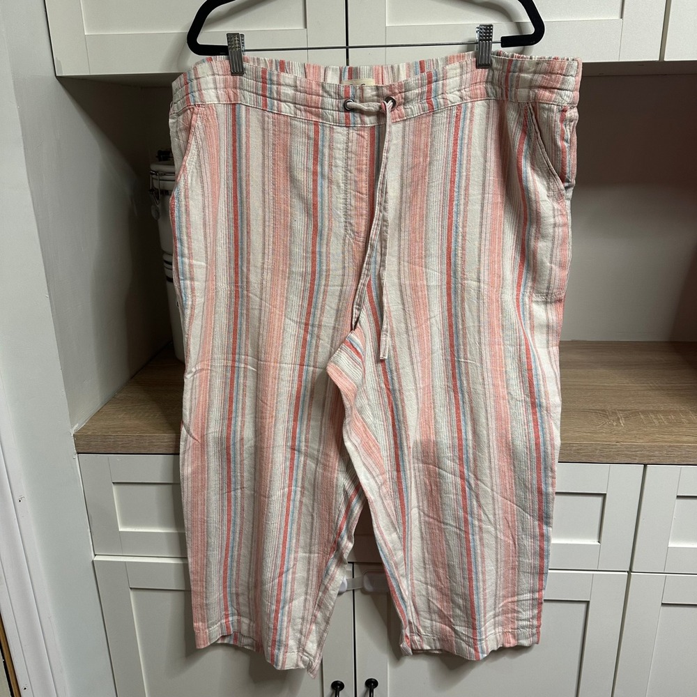 Anthropologie Per Se Linen Blend Striped Crop Pants Womens 2X Pull On Coastal